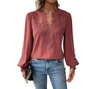 Blusas de Mujer Estilo Boho con Lunares suizos, Manga Larga, Cuello en V, Ojales, Estilo Casual, de Gasa, con bajo de Encaje Fluido, 2026. Ropa Linda y a la Moda. (Red,S)