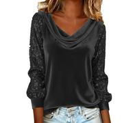 Blusas de terciopelo con lentejuelas para mujer, cuello apilado, lentejuelas, manga larga, casual, elegante, brillante, para carnaval, fiesta, Negro, L