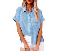 Blusas de Verano de Manga Corta para Mujer Camisetas con Botones Blusas Elegantes E Informales con Cuello En V Túnicas de Color Liso Camisetas Henley Ligeras para Salir Azul Cielo 3XL