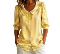Blusas de verano para mujer, de media manga, cuello Peter Pan, camisas casuales con botones, Rayas - Amarillo, XXL
