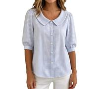 Blusas de verano para mujer, de media manga, cuello Peter Pan, camisas casuales con botones, Rayas - Azul claro, S