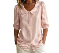 Blusas de verano para mujer, de media manga, cuello Peter Pan, camisas casuales con botones, Rayas - Rosa, 3XL
