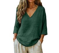 Blusas de verano para mujer, estilo casual, de manga 3/4, de algodón y lino, suaves, transpirables, para salir, tallas grandes, para uso diario, Verde1, L