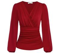 Blusas Elegantes para Mujer, Blusas Cruzadas, Cuello en V, Camisas de Trabajo, Moda de otoño, Blusas Elegantes Informales con Mangas largas y fruncidas(Red,M)