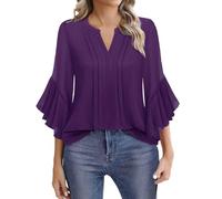 Blusas florales para mujer, cuello en V, acampanadas, manga 3/4, color liso, blusa de moda de verano, blusa casual, 02-b-púrpura, S
