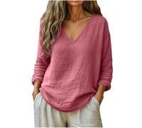 Blusas Lino Mujer Color Liso Manga Larga Cuello En V - Ropa Mujer Adecuado para Primavera Y Verano, Top Cómodos Moda Camiseta Anchos Chic Basica Rosa M