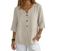 Blusas Lino Mujer Manga 3/4 Color Liso Cuello En V - Moda Mujer Adecuado para Primavera Y Verano, Blusa Chic Único Camiseta Anchos Cómodos Glamour Beis XXL
