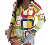 Blusas Modern Color Matching Geometry para Mujer De Gran Tamaño Estampado Campesino, Verano Otoño, Manga Larga,Vintage Sueltas Elegantes Blusas para Mujer Playa Ocio Hippie Ropa Retro