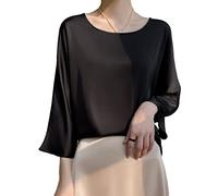 Blusas Mujer, Blusa De Satén De Seda para Mujer Verano Elegante Jersey De Cuello Redondo Liso Camisas Tops Moda Suelta 3/4 Manga Túnica Tops Casual Fiesta Formal Blusas De Trabajo Camisetas,Black,