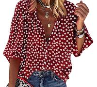 Blusas Mujer Blusa Manga Larga Escote V Mujer Camisas Camisa Estampada Botones Mujer Tallas Grandes Blusa Flores Señora Larga Talla Grande Blusas de Mujer Elegantes Casual Anchas Modernas Rojo XXL