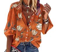 Blusas Mujer Blusa Manga Larga Escote V Mujer Camisas Camisa Estampada Botones Mujer Tallas Grandes Blusa Flores Elegante Señora Larga Talla Grande Blusas de Mujer Largas Casual Anchas Naranja L