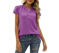 Blusas Mujer, Blusas Mujer Lunares Suizos Camisas Gasa Manga Corta Botones Cuello en V Mangas Abullonadas Camisetas Verano Túnicas Fluidas Tops Informales Sueltos Salir para Uso Diario Morado L
