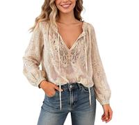 Blusas mujer cuello en V blusa de encaje elegante translúcido blusa fluida blusa de manga larga Y2K Boho Tops bordado floral camisa primavera verano moderna camiseta túnica para salir, caqui, M