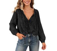 Blusas mujer cuello en V blusa de encaje elegante translúcido blusa fluida blusa de manga larga Y2K Boho Tops bordado floral camisa primavera verano moderna camiseta túnica para salir, Negro , S