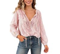 Blusas mujer cuello en V blusa de encaje elegante translúcido blusa fluida blusa de manga larga Y2K Boho Tops bordado floral camisa primavera verano moderna camiseta túnica para salir, Rosa., S