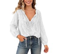 Blusas mujer cuello en V blusa de encaje elegante translúcido blusa fluida blusa de manga larga Y2K Boho Tops bordado floral camisa primavera verano moderna camiseta túnica para salir, Blanco, XXL