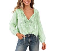 Blusas mujer cuello en V blusa de encaje elegante translúcido blusa fluida blusa de manga larga Y2K Boho Tops bordado floral camisa primavera verano moderna camiseta túnica para salir, verde, M