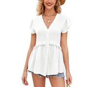 Blusas Mujer Elegantes, Blusa Elegante para Mujer Manga Corta Volantes Cuello en V Botones Estilo Babydoll Jacquard Chic Corte Holgado Estilo Casual Verano Ideal para Salir a Diario Color Blanco Tal