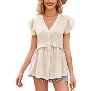 Blusas Mujer Elegantes, Blusa Elegante para Mujer Manga Corta Volantes Cuello en V Botones Estilo Babydoll Jacquard Chic Corte Holgado Estilo Casual Verano Ideal para Salir a Diario Color Albaricoqu