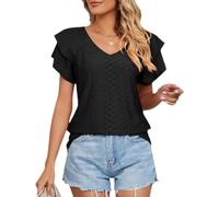 Blusas Mujer Elegantes, Blusas Verano Mujer Ojales Manga Corta Linda Blusa Babydoll Doble Capa Volantes Cuello V Camisetas Casuales Salir Ideales el Día a Día la Playa O Vacaciones Color Negro Tal