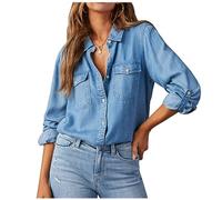 Blusas Mujer Vaquera Camisa Manga Larga Camiseta Elegante Cuello en V Camisas Ligero Suelto Casual Blusa Shirts Básica Túnica Tops con Botones y Bolsillos Color Sólido Comodidad Fitness Elegantes