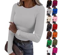 Blusas Mujer Verano,Women's Spring and Summer Pure Color Stripes High Elastic Long Sleeved Undershirt Top Blusa Manga Larga (Grey, XXL),