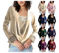 Blusas para mujer, camiseta de manga larga de algodón con cuello en V, camiseta de lentejuelas de aspecto de dos piezas, camiseta de gran tamaño, cuello plisado, blusa, manga larga, camiseta de fiesta