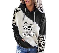 Blusas para mujer, de manga larga para mujer, con estampado de vaca, bolsillos con capucha, blusas y tops (color negro)