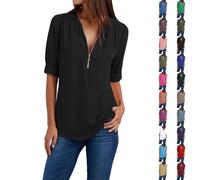 Blusas para mujer, elegante, cuello en V, túnica, monocolor, camiseta de manga larga, ligera, transpirable, media cremallera, tallas grandes, camiseta cómoda, camiseta de verano informal, Negro , XXL