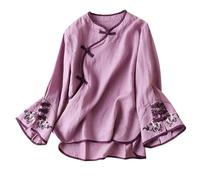 Blusas para mujer, estilo retro, floral, bordadas, de algodón, lino, camisas chinas, tradicionales, asimétricas, con botones frontales, túnica acampanada, de manga larga, holgada, informal, para mujer