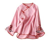 Blusas para mujer, estilo retro, floral, bordadas, de algodón, lino, camisas chinas, tradicionales, asimétricas, con botones frontales, túnica acampanada, de manga larga, holgada, informal, para mujer