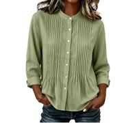 Blusas plisadas con cuello alto para mujer | Elegante cuello mandarín, pliegues verticales en el pecho, botones clásicos, blusas ligeras para otoño, verde, XXL
