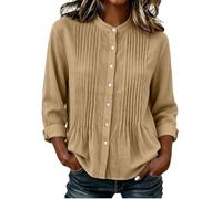 Blusas plisadas con cuello alto para mujer | Elegante cuello mandarín, pliegues verticales en el pecho, botones clásicos, blusas ligeras para otoño, caqui, XL