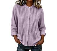 Blusas plisadas con cuello alto para mujer | Elegante cuello mandarín, pliegues verticales en el pecho, botones clásicos, blusas ligeras para otoño, Morado (, XXL