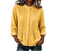 Blusas plisadas con cuello alto para mujer | Elegante cuello mandarín, pliegues verticales en el pecho, botones clásicos, blusas ligeras para otoño, amarillo, L