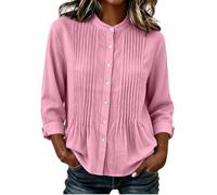 Blusas plisadas con cuello alto para mujer | Elegante cuello mandarín, pliegues verticales en el pecho, botones clásicos, blusas ligeras para otoño, rosa, XXL