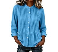 Blusas plisadas con cuello alto para mujer | Elegante cuello mandarín, pliegues verticales en el pecho, botones clásicos, blusas ligeras para otoño, azul, XXL