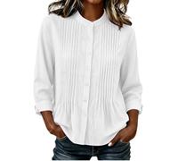 Blusas plisadas con cuello alto para mujer | Elegante cuello mandarín, pliegues verticales en el pecho, botones clásicos, blusas ligeras para otoño, blanco, XL