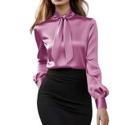 Blusas y blusas de moda para mujer, blusas de manga larga para mujer, blusa elegante con cuello con cordones y hombros rectos, transpirable, ligera, ajustada, trajes de trabajo, hot pink, XXL