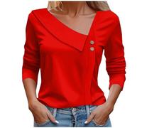 Blusas y blusas de mujer de talla grande - Top de vestir mujer elegante camisa con botón blusa 2025 nueva blusa de manga larga casual Top color sólido Loungewear negocios camisa, rojo, M