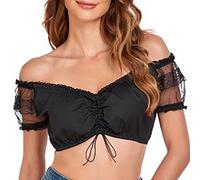 Blusas y blusas para mujer Blusa de Dirndl de Encaje Chic con Cordones Tops Manga Corta Sexy Camisa Moda con Hombros Descubiertos Crop Top Confort Blusa Dirndl Vintage para Oktoberfest, Le Noir, S