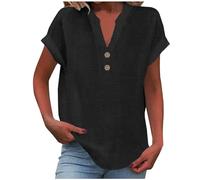 Blusas y camisas con botones para mujer - Camiseta de mujer con cuello en V de lino Camiseta de primavera de verano Uni-Color Top Ocio al aire libre camiseta clásica camiseta fina blusa, A-negro