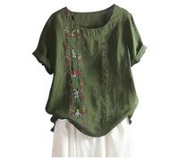 Blusas y Camisas para Mujer Blusones Tallas Grandes Camisetas MangaCorta de Algodón y Lino con Bordado Moda Suelto Casual con Botones para Primavera y Verano T-Shirt Elegante