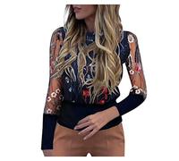 Blusas y Tops, Las Mujeres De La Moda O-Cuello De Manga Larga Perspectiva De Punto De Malla De Manga Casual Suelto Top Blusas Para Mujeres Elegantes (Azul L)