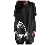 Blusas y Tops, Las Mujeres Más El Tamaño De Tiburón Impreso Jersey De Manga Larga Sudadera Camisas Tops, Blusas Para Mujer Elegante (Negro)