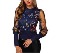 Blusas y Tops, Moda Mujeres O-Cuello Manga Larga Bordado Floral Malla Transparente Inserto Top Blusas Blusas para Mujer Elegante (Azul M)