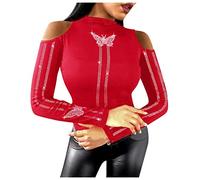 Blusas y Tops, Mujer Cuello Redondo Blusa de Planchado Taladro Ahuecado Mariposa Manga Larga Top Blusas para Mujer Elegante (Rojo S)