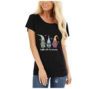 Blusas y Tops, Mujer de Pascua Gnomo de Carta Impresión de Manga Corta O-Cuello Túnica Blusas para Mujer Elegante Negro L