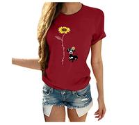 Blusas y Tops, Mujer Girasol Punto Impresión Manga Corta O-Cuello Camiseta Blusa Top Blusas para Mujer Elegante (Rojo M)