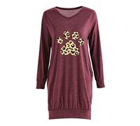 Blusas y tops, nueva camiseta suelta de manga larga con estampado de pata de perro, cuello en V, bolsillo dividido, blusas para mujer elegantes (vino 3XL)